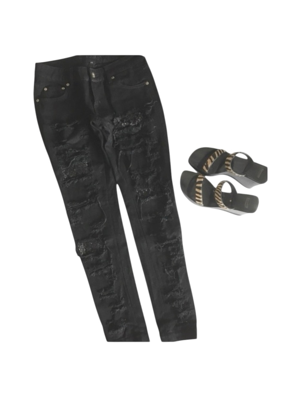 LF Carmar ❉ Skinny Shredded Rips Stretch Jeans ❉ Lace Patches ❉ Jet Black ❉ 25 ❉ - Picture 3 of 16